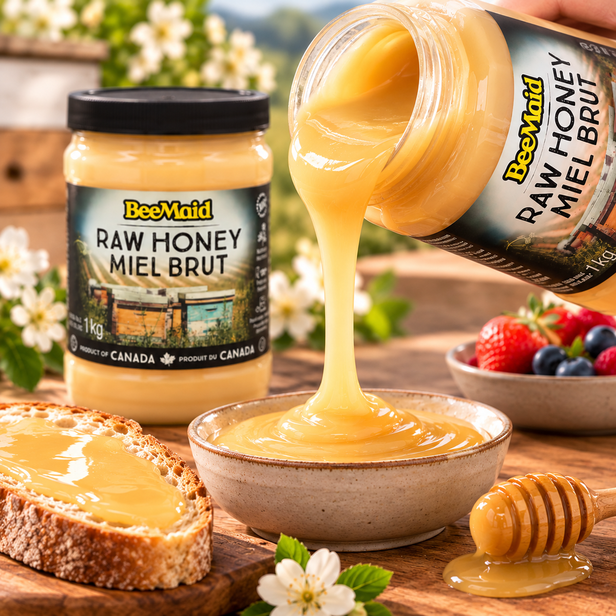 BeeMaid 100% Pure Canadian Honey, 2-Pack × 1 kg (2 kg Total), Smooth Texture Natural Honey, Halal, Delicious Sweetener for Tea, Coffee, Toast, Baking, Cooking & Everyday Use