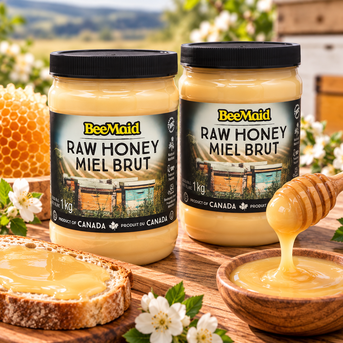 BeeMaid 100% Pure Canadian Honey, 2-Pack × 1 kg (2 kg Total), Smooth Texture Natural Honey, Halal, Delicious Sweetener for Tea, Coffee, Toast, Baking, Cooking & Everyday Use