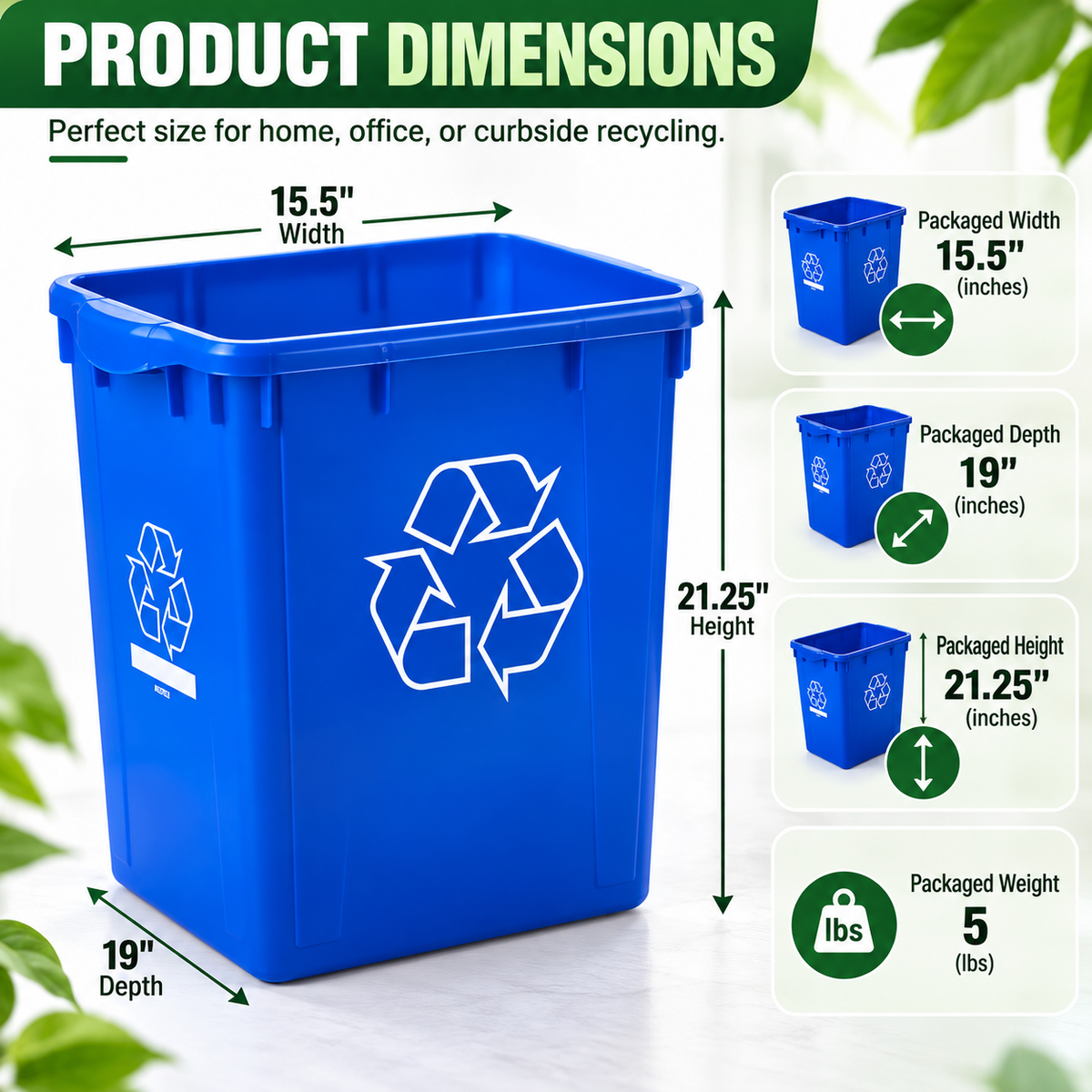 22 Gallon (83 L) Recycle Bin, 19 x 15.5 x 21.25 Inches, Blue Recycling