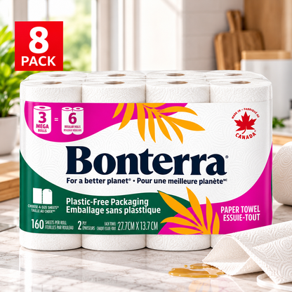 Bonterra 2-Ply Paper Towels, 24 Mega Rolls × 160 Sheets, 3,840 Total Sheets, 100% Recycled Paper, Strong & Absorbent Choose-A-Size Kitchen Towels for Household Cleaning, Wiping Spills, Home & Office