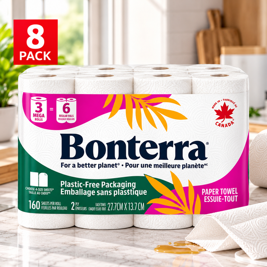 Bonterra 2-Ply Paper Towels, 24 Mega Rolls × 160 Sheets, 3,840 Total Sheets, 100% Recycled Paper, Strong & Absorbent Choose-A-Size Kitchen Towels for Household Cleaning, Wiping Spills, Home & Office