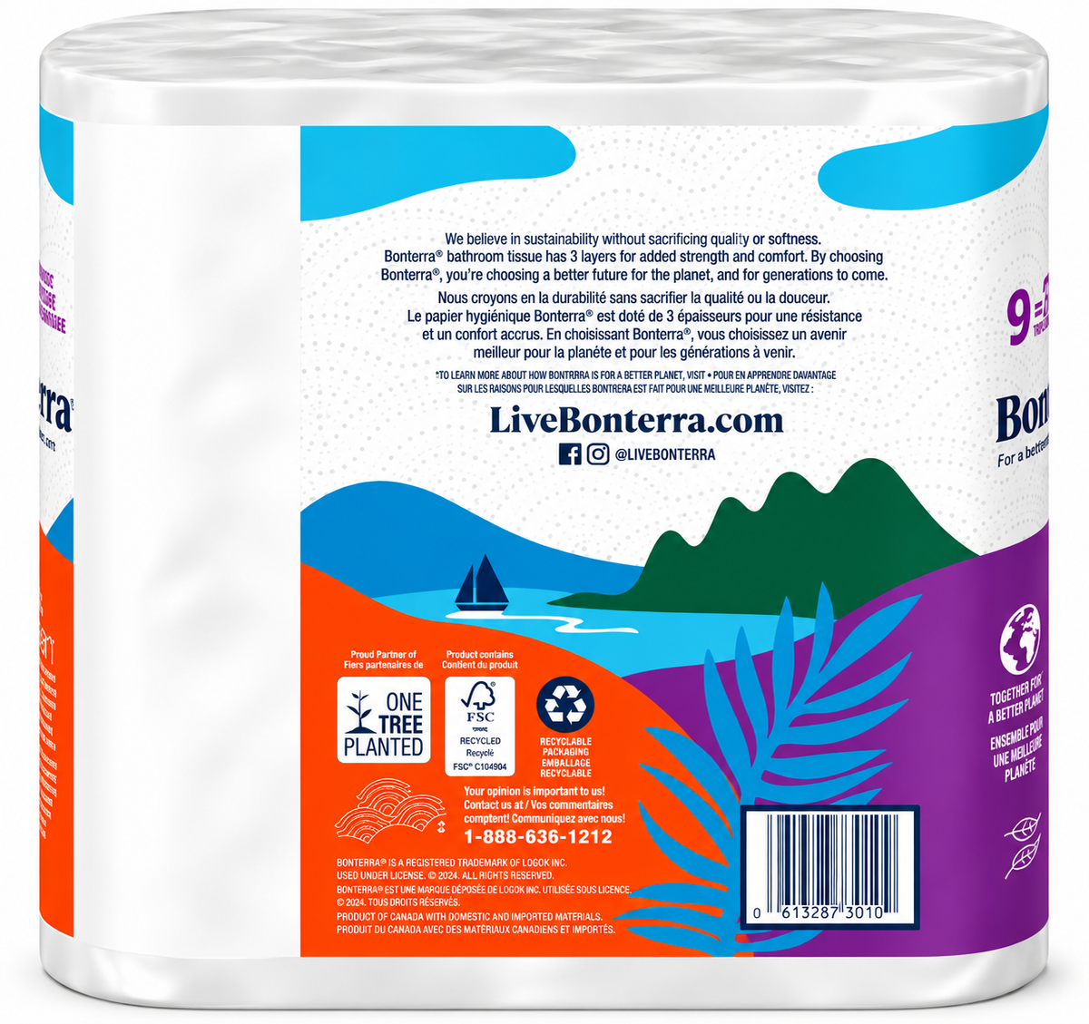 Bonterra 3-Ply Bathroom Tissue, 45 Rolls × 198 Sheets, 8,910 Total Sheets, Soft & Strong 100% Recycled Toilet Paper, Bulk Bath Tissue Rolls for Home, Bathroom, Office & Everyday Use