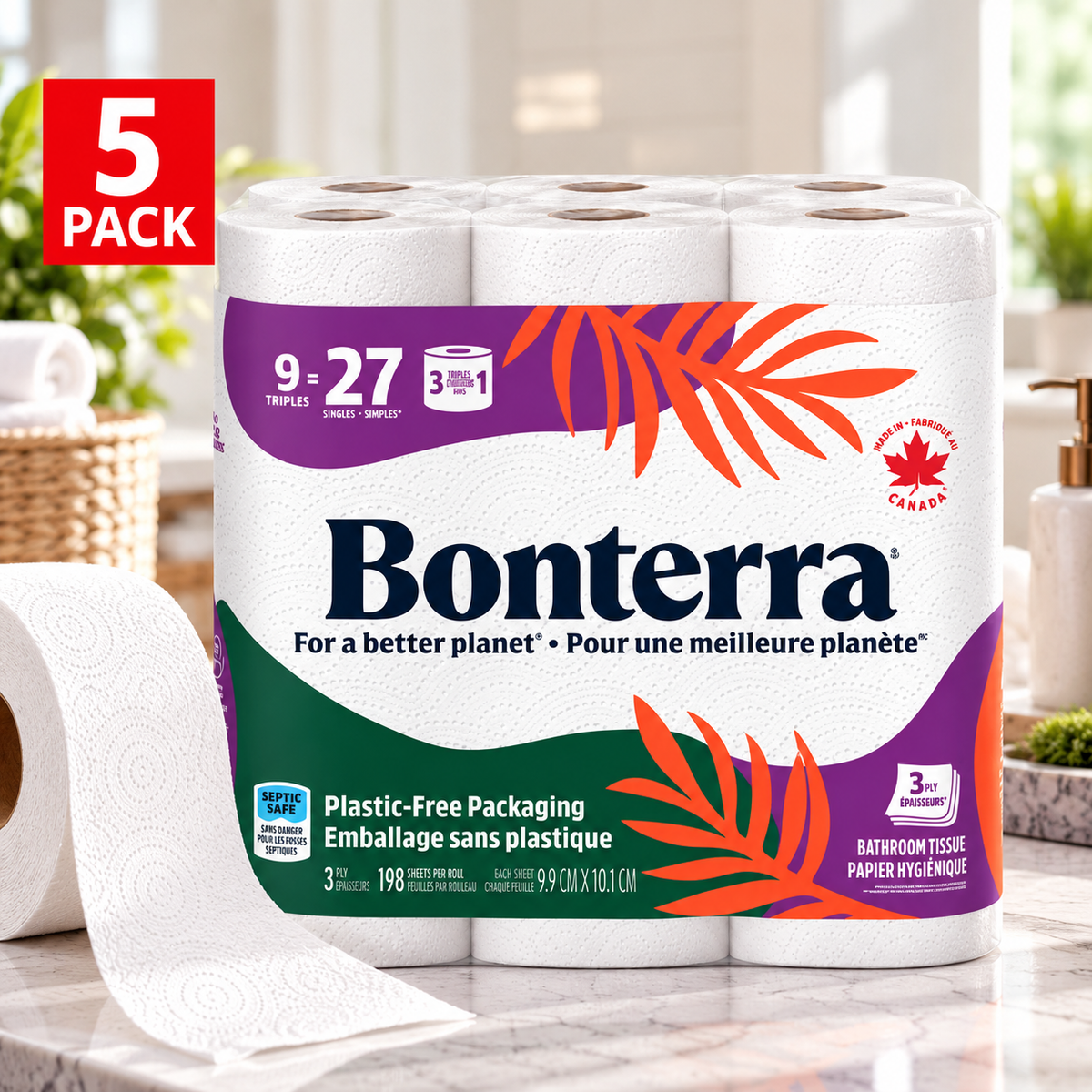 Bonterra 3-Ply Bathroom Tissue, 45 Rolls × 198 Sheets, 8,910 Total Sheets, Soft & Strong 100% Recycled Toilet Paper, Bulk Bath Tissue Rolls for Home, Bathroom, Office & Everyday Use