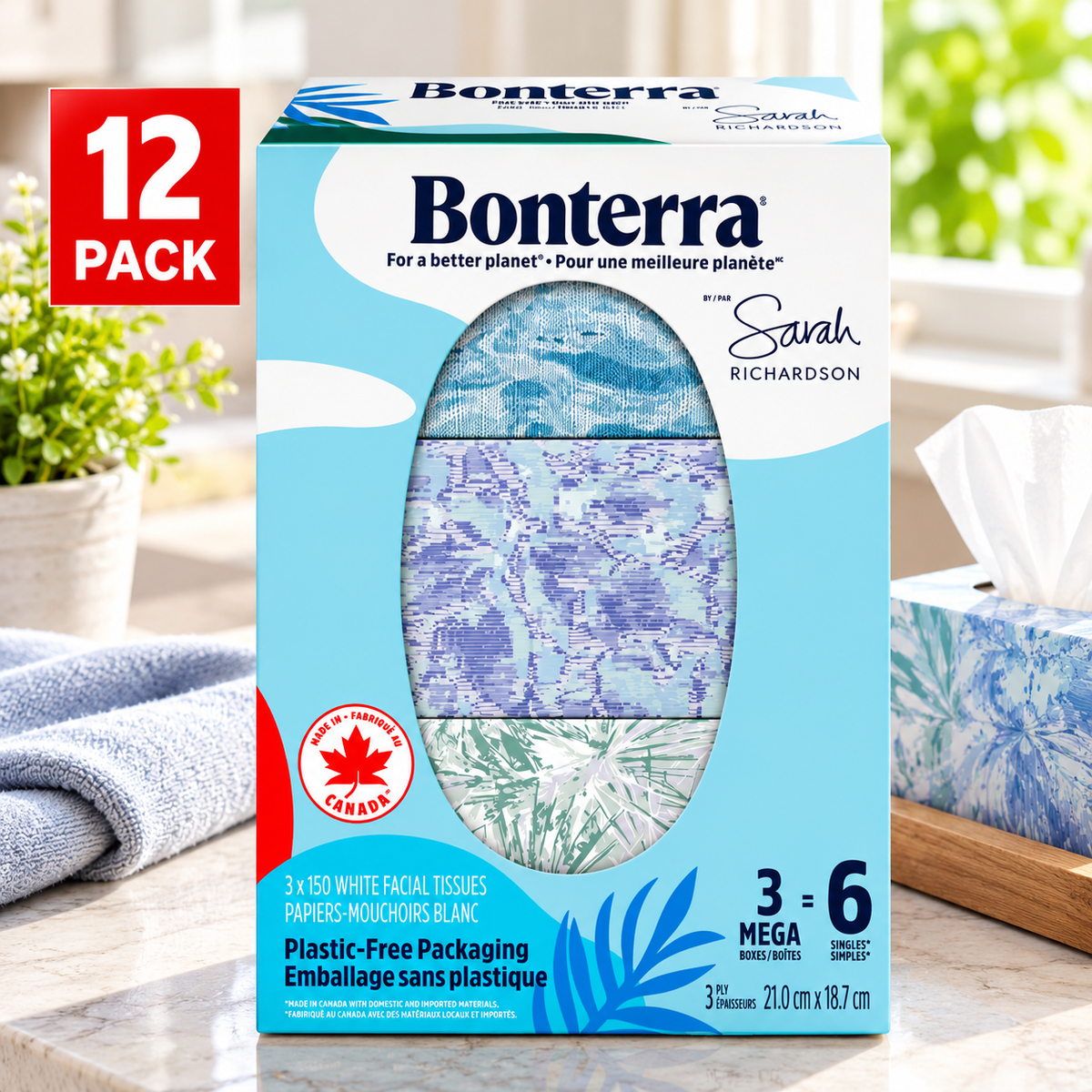 Bonterra 3-Ply Facial Tissues, 36 Boxes × 150 Sheets, 5,400 Total Tissues, Soft, Strong & Absorbent Disposable Paper Tissues, 100% Recycled Paper, Decorative Tissue Boxes for Home, Office, Bathroom & Everyday Use
