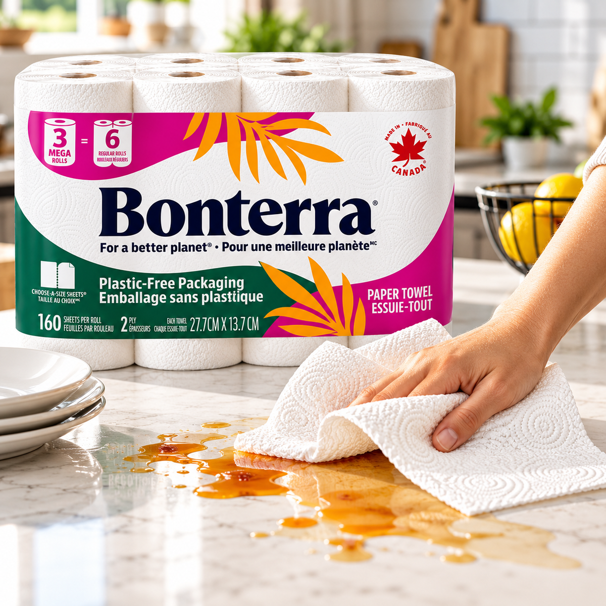 Bonterra 2-Ply Paper Towels, 24 Mega Rolls × 160 Sheets, 3,840 Total Sheets, 100% Recycled Paper, Strong & Absorbent Choose-A-Size Kitchen Towels for Household Cleaning, Wiping Spills, Home & Office