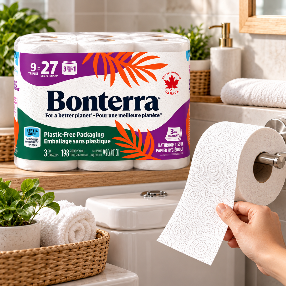 Bonterra 3-Ply Bathroom Tissue, 45 Rolls × 198 Sheets, 8,910 Total Sheets, Soft & Strong 100% Recycled Toilet Paper, Bulk Bath Tissue Rolls for Home, Bathroom, Office & Everyday Use