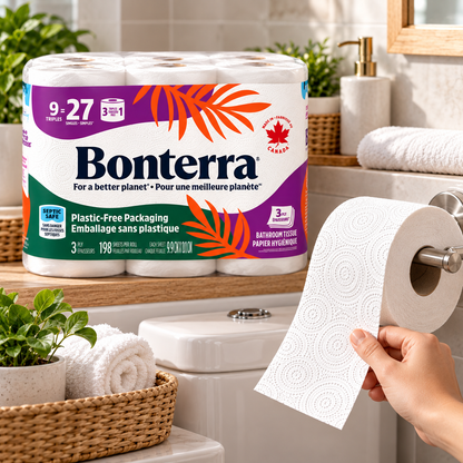 Bonterra 3-Ply Bathroom Tissue, 45 Rolls × 198 Sheets, 8,910 Total Sheets, Soft & Strong 100% Recycled Toilet Paper, Bulk Bath Tissue Rolls for Home, Bathroom, Office & Everyday Use