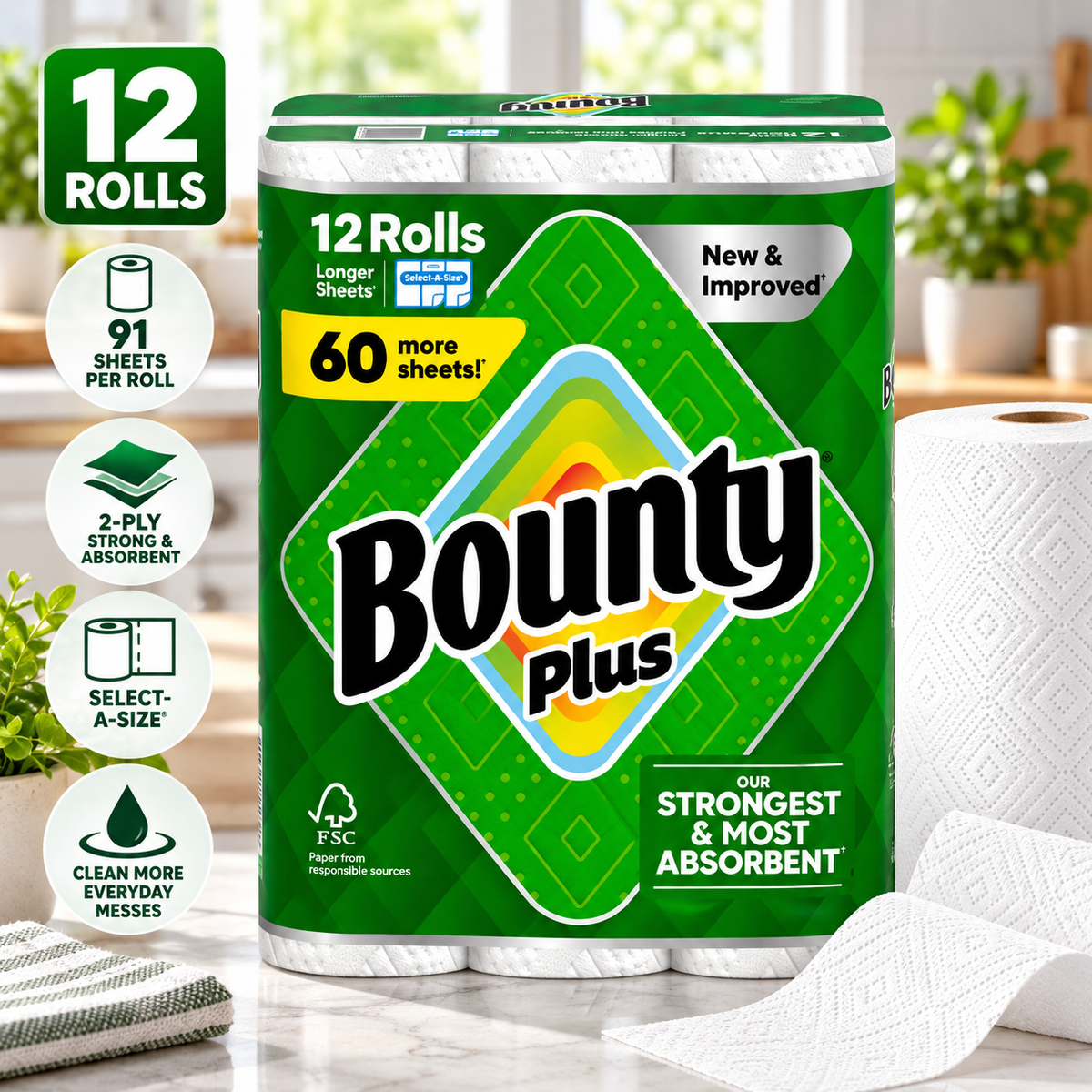 Bounty Plus 2-Ply Paper Towels, 12 Rolls × 91 Sheets, 1,092 Total Sheets, Select-A-Size Strong & Absorbent Kitchen Paper Towels, Disposable Cleaning Rolls for Kitchen, Home, Office & Everyday Spills