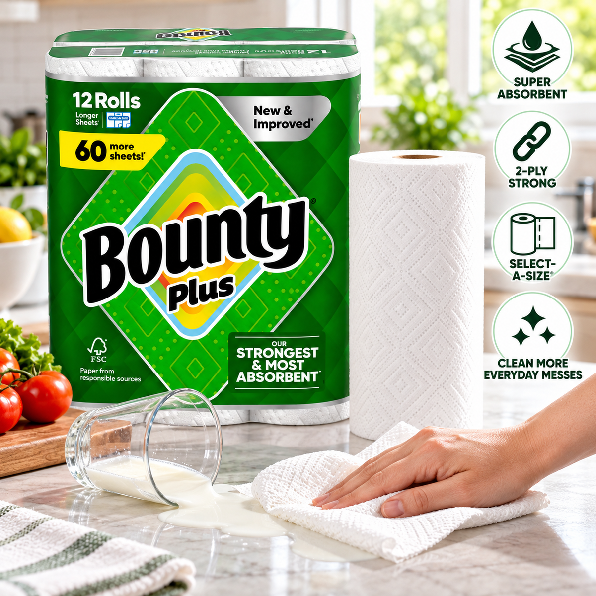 Bounty Plus 2-Ply Paper Towels, 12 Rolls × 91 Sheets, 1,092 Total Sheets, Select-A-Size Strong & Absorbent Kitchen Paper Towels, Disposable Cleaning Rolls for Kitchen, Home, Office & Everyday Spills