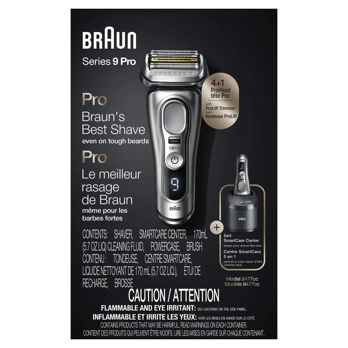 Braun Series 9 Pro 9477cc Men's Electric Razor + Clean & Renew Refill Cartridges CCR - 3 pack