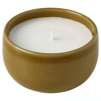 IKEA PÄRLHÖNA Rose & Carnation Scented Candle in Yellow Ceramic Jar, 20-Hour Burn Time, Decorative Floral Fragrance Candle, Speckled Stoneware Container for Bedroom, Living Room & Home Décor