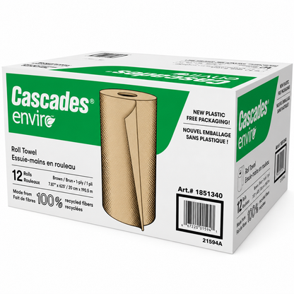 (12-Pack) Cascades Enviro Hand Paper Towel Rolls,  1-Ply, 100% Recycled Fiber, Absorbent Hand Towels