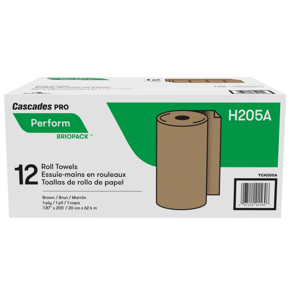 Cascades PRO Perform 1-Ply Brown Paper Towel Rolls – 12 Pack, 205 ft Each