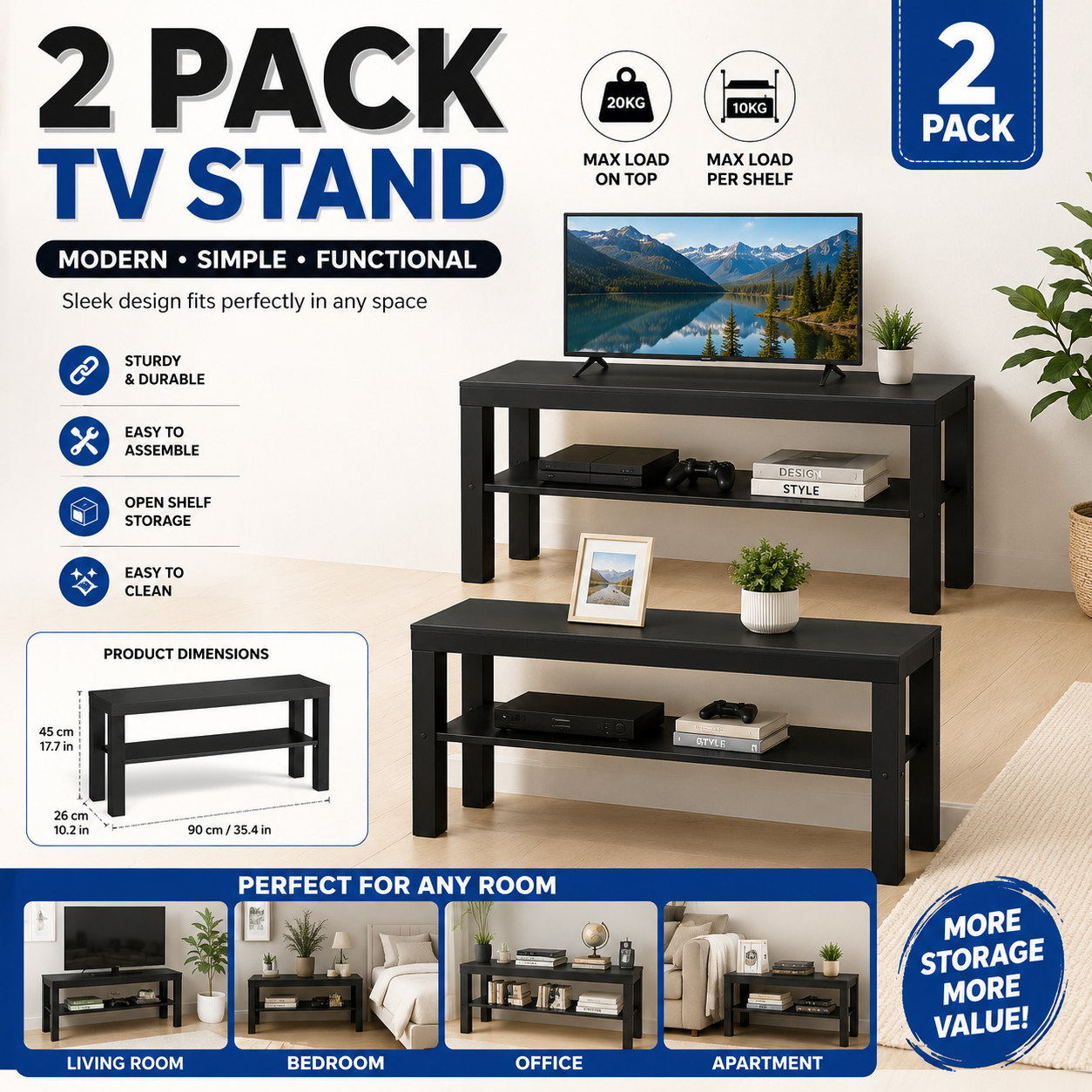 (2 PACK) IKEA Modern Black TV Stand with Storage Shelf – 90 cm