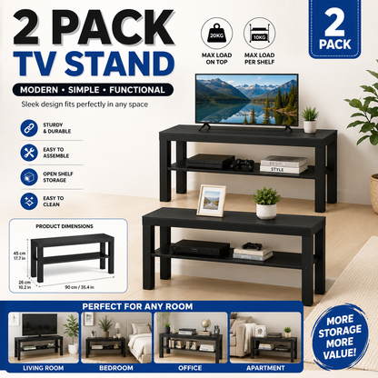 (2 PACK) IKEA Modern Black TV Stand with Storage Shelf – 90 cm