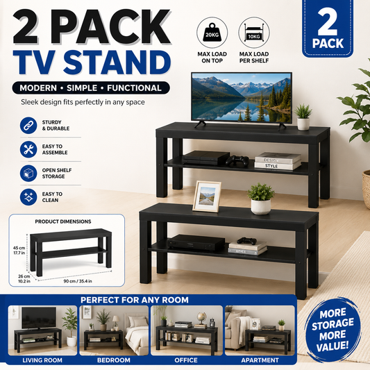 (2 PACK) IKEA Modern Black TV Stand with Storage Shelf – 90 cm