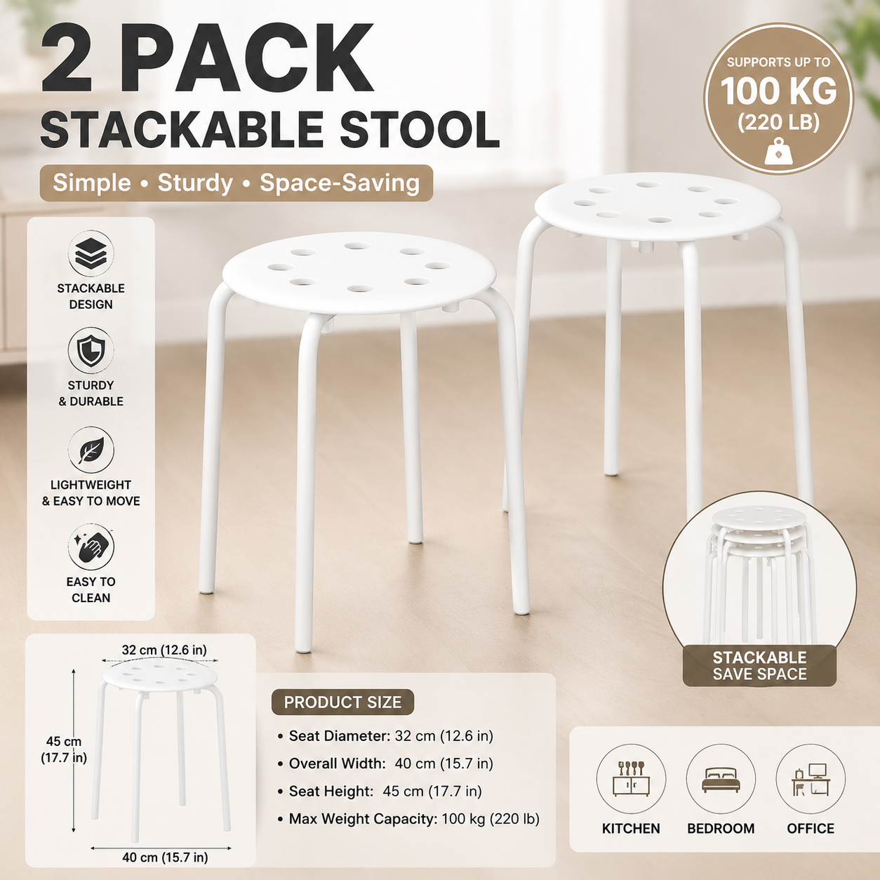 (2 PACK) IKEA MARIUS Stool, black, 45 cm (17 3/4 ")