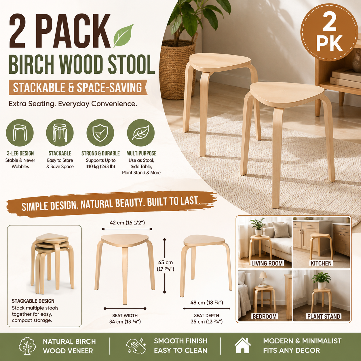 (2 PACK) IKEA Natural Birch Wood Round Stool – Modern Multipurpose Seat for Kitchen, Bedroom & Living Room