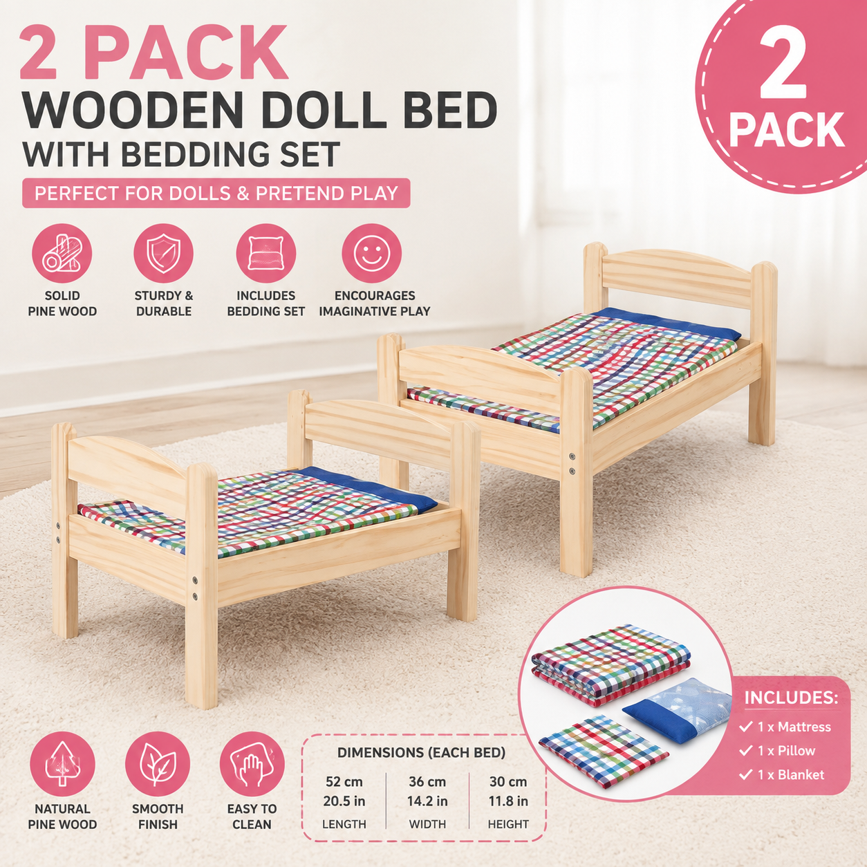 (2 PACK) IKEA Wooden Doll Bed with Bedding Set – Pine Toy Bed for Pretend Play, Includes Mattress, Pillow & Blanket (Copy)