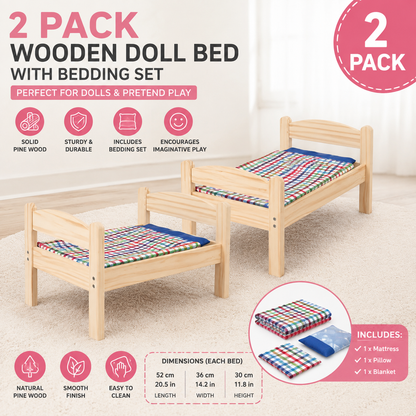 (2 PACK) IKEA Wooden Doll Bed with Bedding Set – Pine Toy Bed for Pretend Play, Includes Mattress, Pillow & Blanket (Copy)