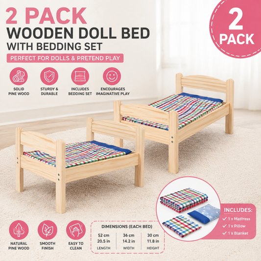 (2 PACK) IKEA Wooden Doll Bed with Bedding Set – Pine Toy Bed for Pretend Play, Includes Mattress, Pillow & Blanket (Copy)