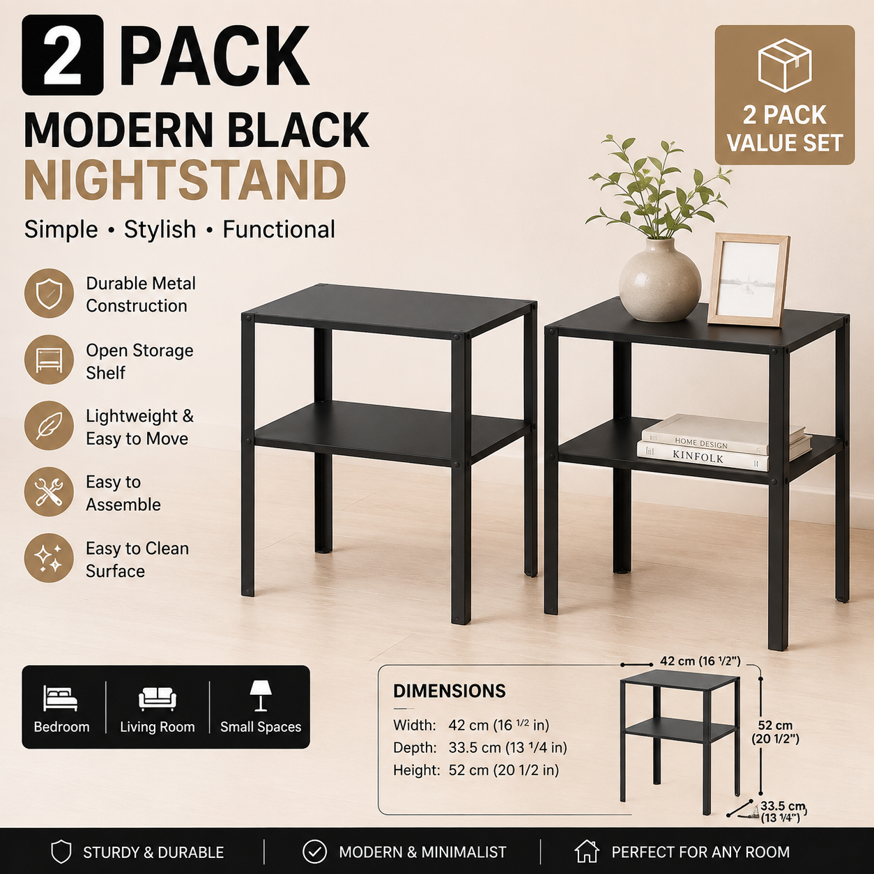 (2 PACK) IKEA Modern Black Metal Bedside Nightstand with Storage Shelf, Compact End Table for Bedroom & Small Spaces, 42 × 34 × 52 cm (Copy)