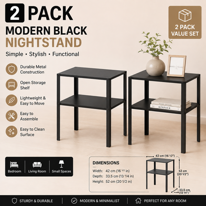 (2 PACK) IKEA Modern Black Metal Bedside Nightstand with Storage Shelf, Compact End Table for Bedroom & Small Spaces, 42 × 34 × 52 cm (Copy)
