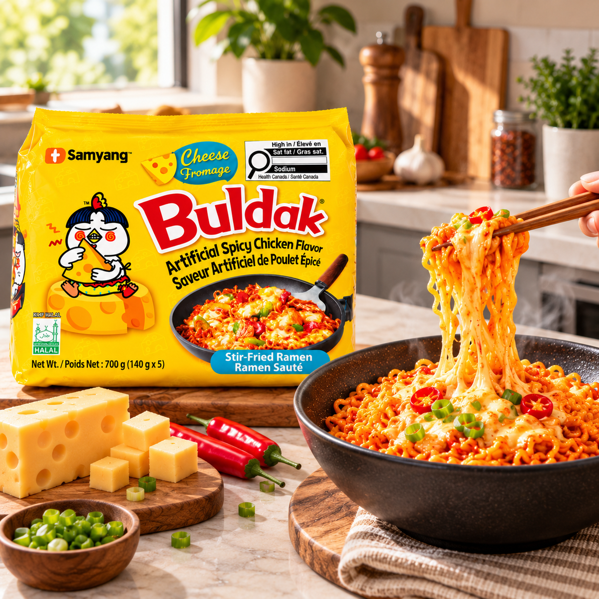 Samyang Buldak Cheese Spicy Chicken Stir-Fried Ramen Noodles, 2-Pack (5 × 140 g Each), 1.4 kg Total