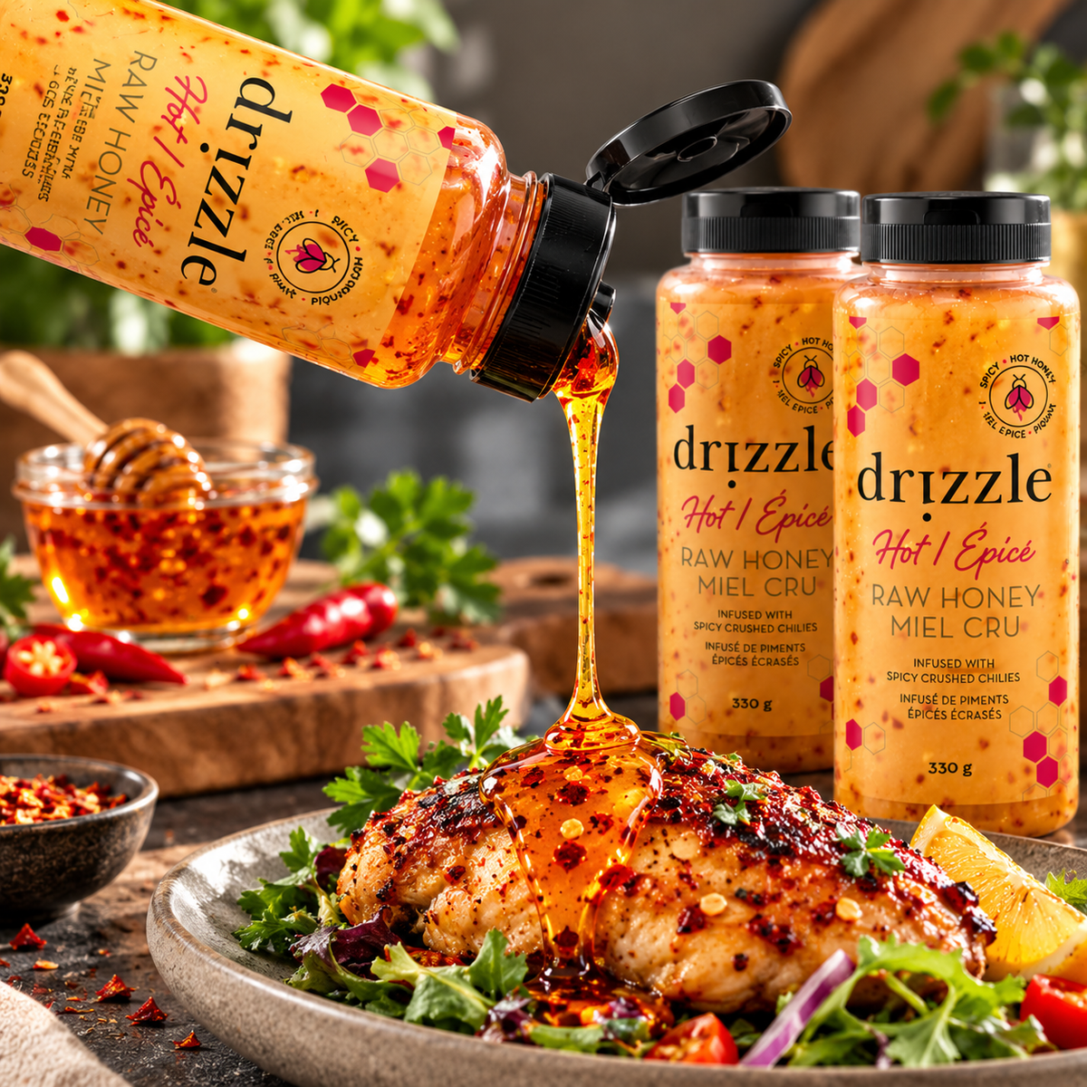 Drizzle Hot Raw Honey, 4-Pack × 330 g (1.32 kg Total), Canadian Chili-Infused Honey, Sweet & Spicy Natural Honey Sauce, 1800 Scoville Heat, Perfect for Pizza, Chicken Wings, BBQ, Cheese, Marinades & Glazes