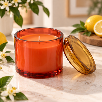 IKEA DVÄRGHÖK Citrus Flower Scented Candle in Glass Jar with Lid, 50-Hour Burn Time, Red-Orange Decorative Candle with Yellow-Brown Lid, Reusable Glass Container for Living Room, Bedroom & Home Décor