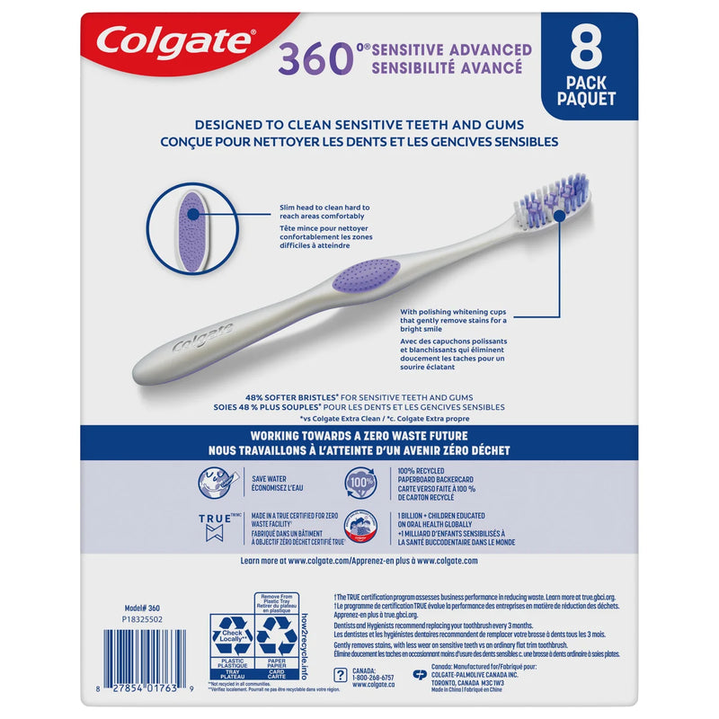 Colgate 360 Sensitive Advanced Gum Toothbrush Pack, 8-pack