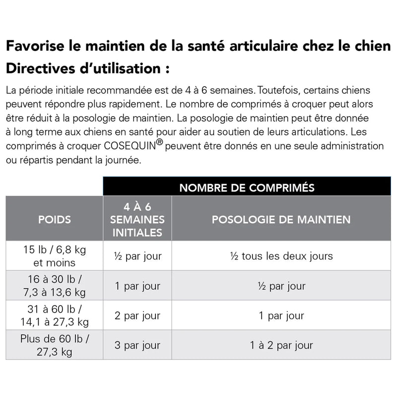 Complément alimentaire pour la santé des articulations Cosequin DS Maximum Strength Plus MSM pour chiens, 180 comprimés 