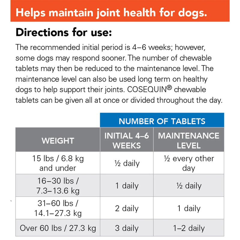 Complément alimentaire pour la santé des articulations Cosequin DS Maximum Strength Plus MSM pour chiens, 180 comprimés 