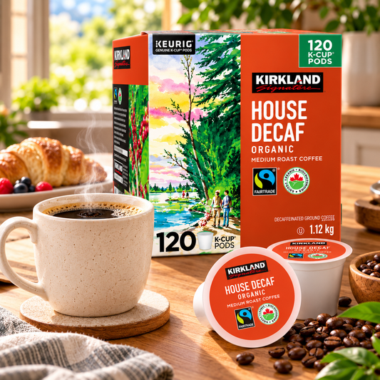 (120 Count) Kirkland Signature House Decaf Organic Medium Roast Coffee K-Cup Pods, Fairtrade Certified Decaffeinated Ground Coffee, Single-Serve Coffee Capsules Compatible with Keurig K-Cup Brewers, 1.12 kg
