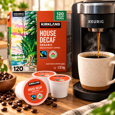 (120 Count) Kirkland Signature House Decaf Organic Medium Roast Coffee K-Cup Pods, Fairtrade Certified Decaffeinated Ground Coffee, Single-Serve Coffee Capsules Compatible with Keurig K-Cup Brewers, 1.12 kg