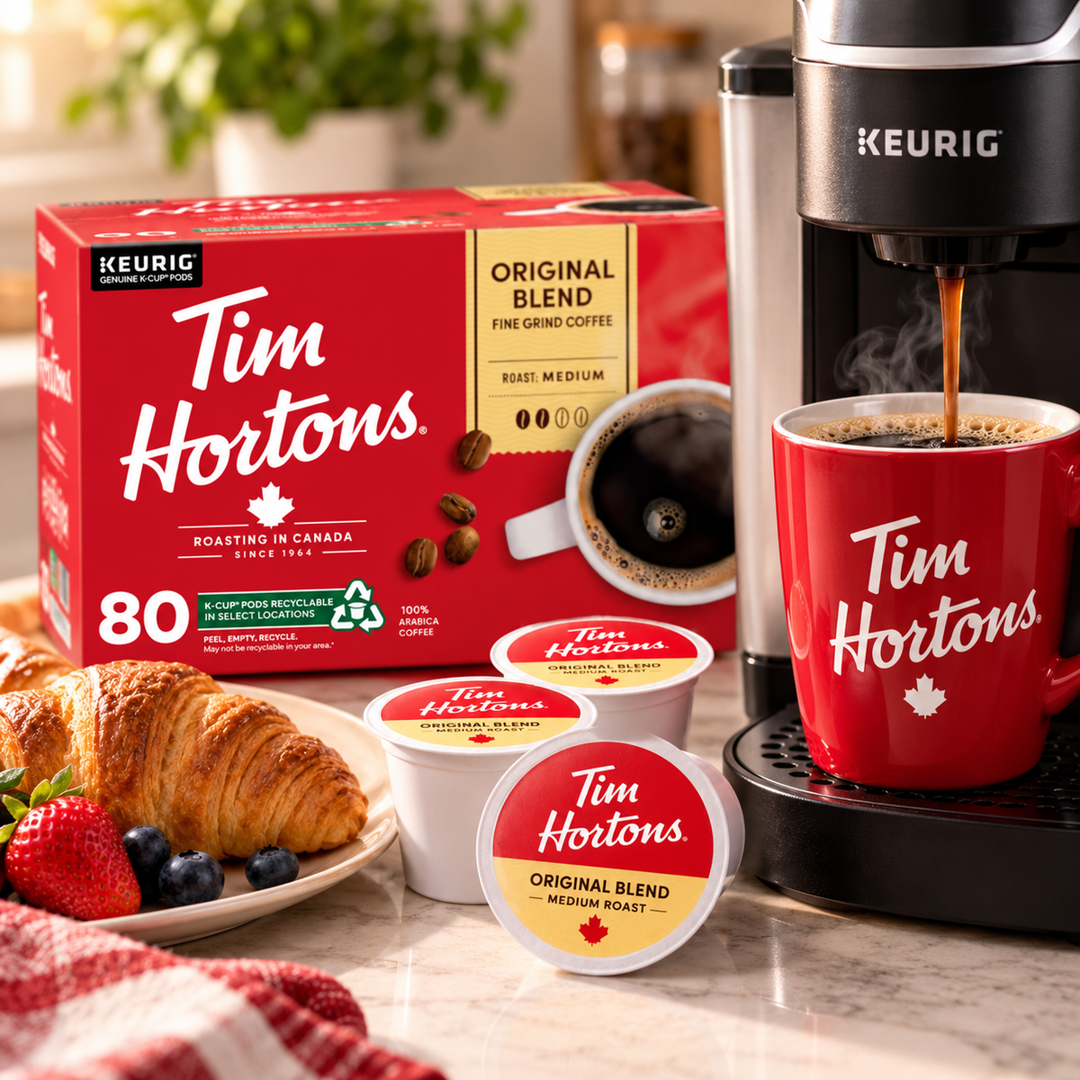 (80 Count) Tim Hortons Original Blend Medium Roast Coffee K-Cup Pods, 100% Arabica Coffee, Smooth & Balanced Ground Coffee, Single-Serve Coffee Capsules Compatible with Keurig K-Cup Brewers, Roasted & Packaged in Canada