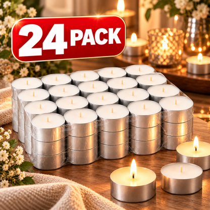 IKEA GLIMMA Unscented Tealight Candles, 24 Pack, 9-Hour Long Burning Time, 57 mm (2¼ in) Diameter, Plant-Based & Paraffin Wax Candles in Aluminum Metal Cups for Home Décor, Weddings, Parties & Dining Tables