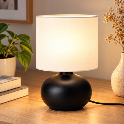 IKEA TVÄRFOT Modern Table Lamp, Black/White, 22 cm (9 "), Minimalist Bedside Nightstand Lamp with Fabric Shade & Stoneware Base, Decorative Ambient Lighting for Bedroom, Living Room, Desk & Small Spaces (Bulb Not Included)