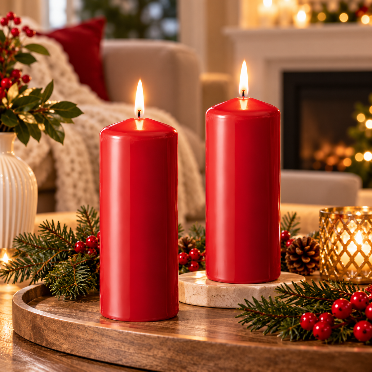 IKEA FENOMEN Unscented Pillar Candles, 2 Pack, Red, 19 cm (7 ½ ") Height, 70-Hour Long Burning Time Each, Plant-Based & Paraffin Wax Blend, Decorative Christmas Candles for Home Décor, Dining Tables, Weddings, Parties & Holiday Displays