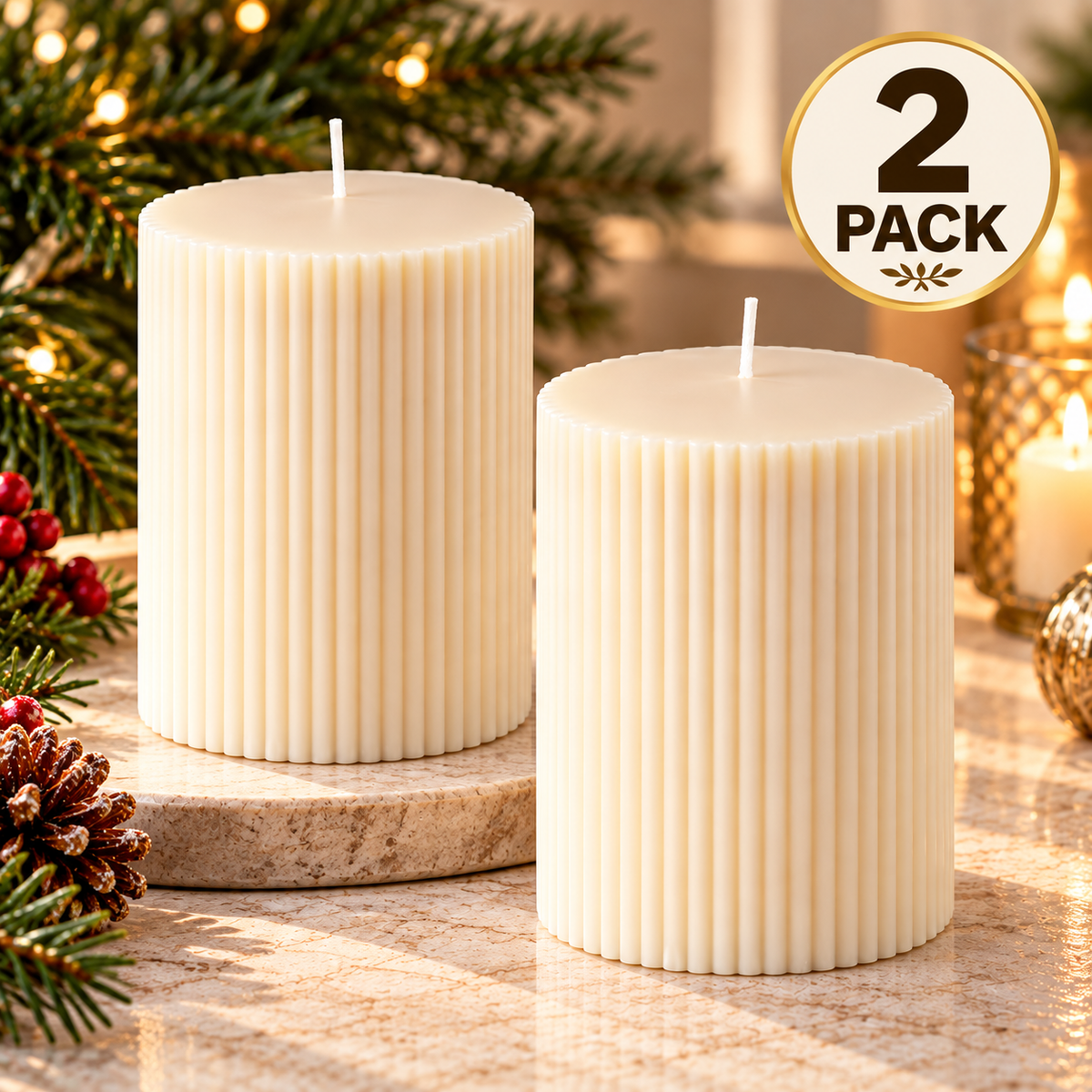 IKEA SNÖSISKA Unscented Pillar Candles, 2 Pack, Off-White, 10 cm (4") Height, 7 cm (2¾") Diameter, 30-Hour Burning Time Each, Decorative Ribbed Candles for Living Room, Dining Tables, Christmas, Weddings & Modern Home Décor