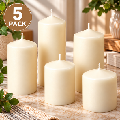IKEA FENOMEN Unscented Pillar Candles, 5 Pack, Natural, Assorted Heights 8–15 cm, 20–40 Hour Burning Time, Plant-Based & Paraffin Wax Blend, Decorative Candle Set for Dining Tables, Weddings, Parties, Living Room & Home Décor