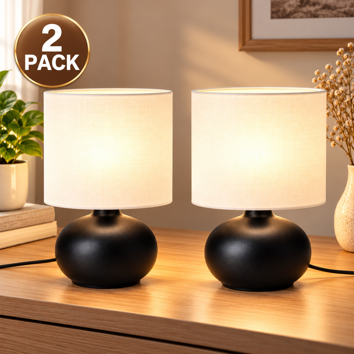 IKEA TVÄRFOT Modern Table Lamps, 2 Pack, Black/White, 22 cm (9 "), Minimalist Bedside Nightstand Lamps with Fabric Shades & Stoneware Bases, Decorative Ambient Lighting for Bedroom, Living Room & Home Décor (Bulbs Not Included)