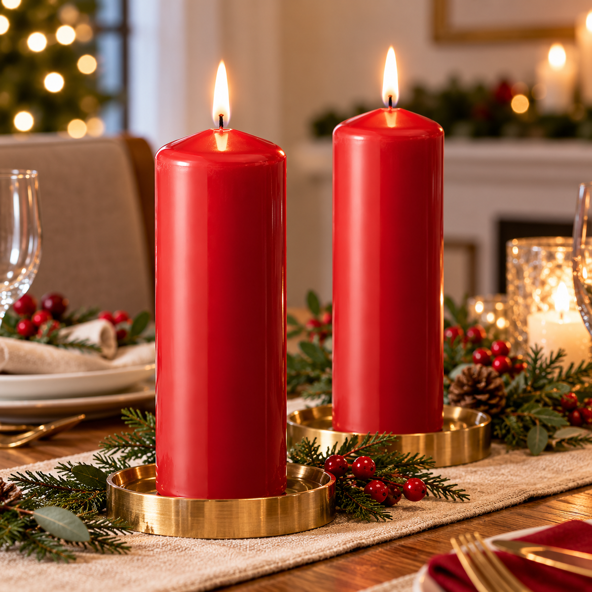 IKEA FENOMEN Unscented Pillar Candles, 2 Pack, Red, 19 cm (7 ½ ") Height, 70-Hour Long Burning Time Each, Plant-Based & Paraffin Wax Blend, Decorative Christmas Candles for Home Décor, Dining Tables, Weddings, Parties & Holiday Displays