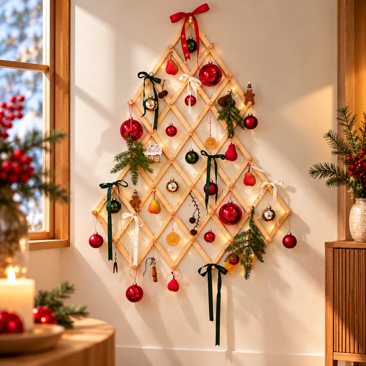 IKEA VINTERFINT Wooden Christmas Tree Wall Decoration, Natural Pine Wood, Adjustable & Foldable Wall-Mounted Xmas Tree, Space-Saving Holiday Ornament Display for Living Room, Bedroom & Home Décor