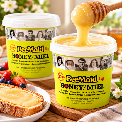 BeeMaid 100% Pure Canadian Creamed Honey, 2-Pack × 1 kg (2 kg Total), Unpasteurized White Honey, Smooth & Creamy Spreadable Natural Honey for Toast, Tea, Oatmeal, Baking & Cooking