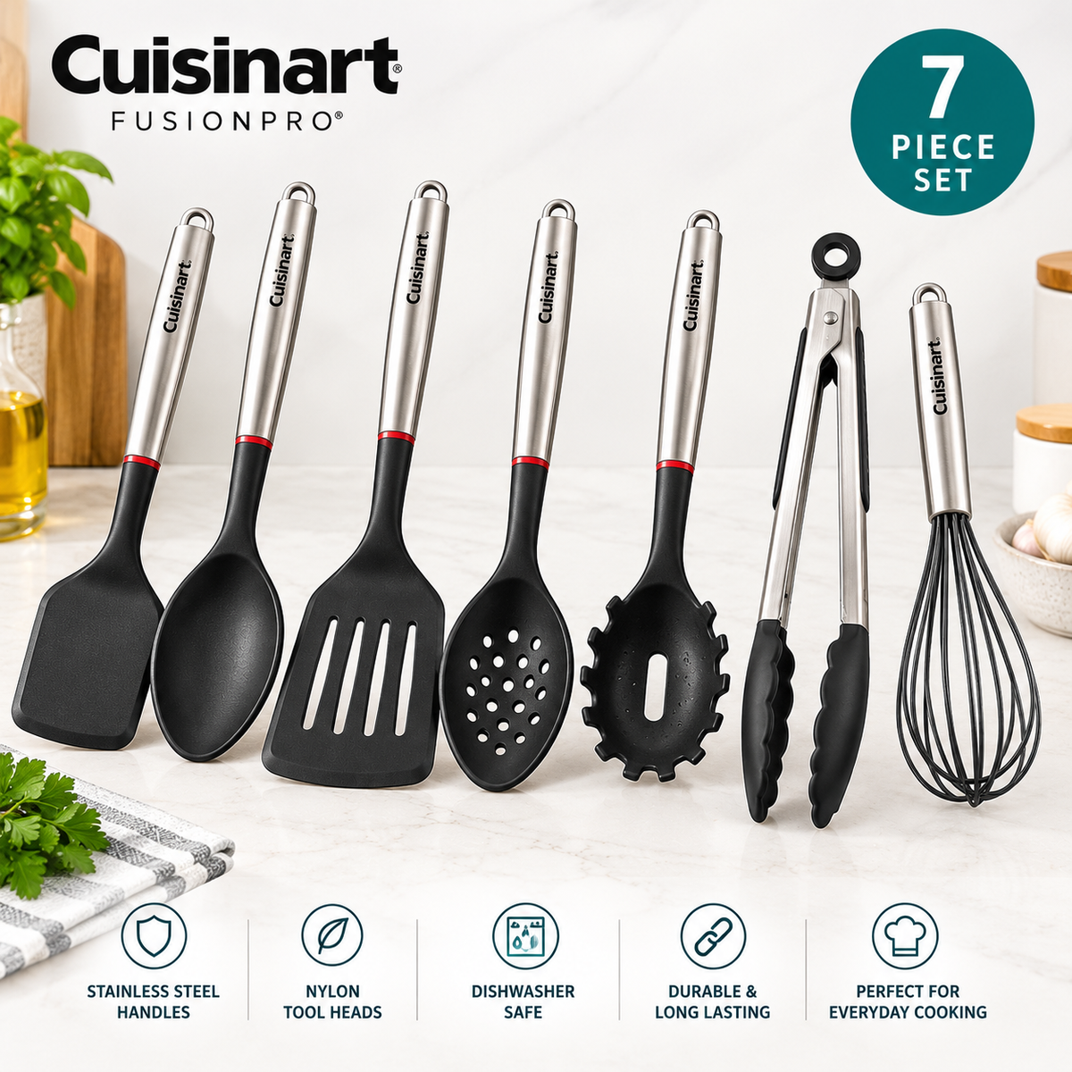 Cuisinart FusionPro 7-Piece Kitchen Utensil Set, Stainless Steel Handles & Nylon Heads, Cooking Tool Set with Spatulas, Serving Spoons, Pasta Server, 30.48 cm (12 in) Tongs & Whisk, Dishwasher Safe Kitchen Accessories for Home Cooking