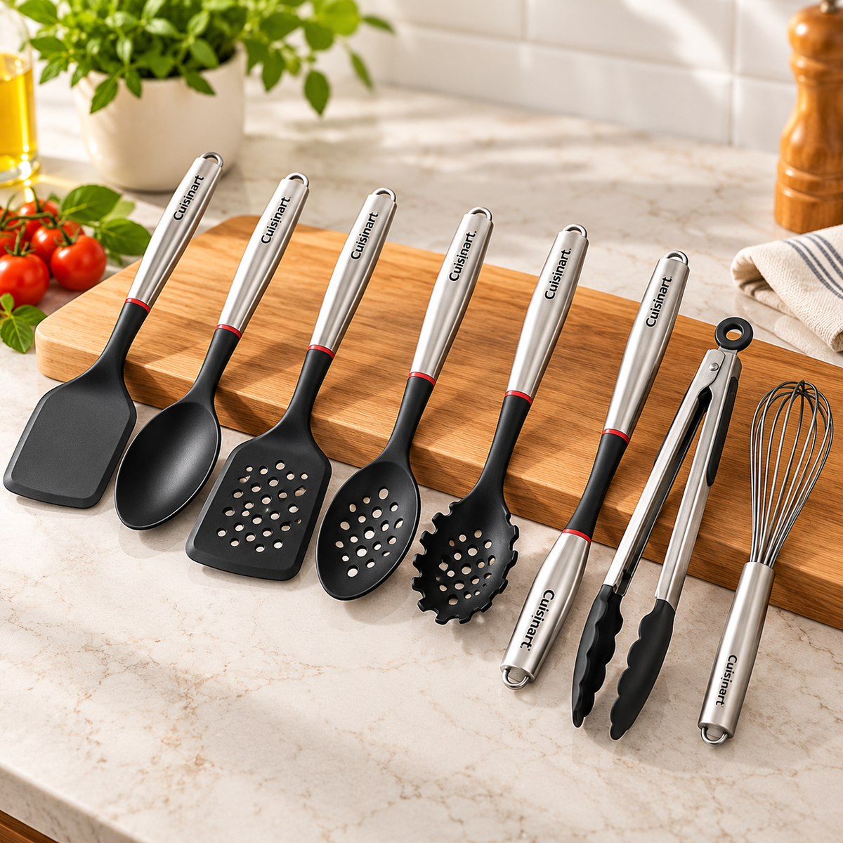 Cuisinart FusionPro 7-Piece Kitchen Utensil Set, Stainless Steel Handles & Nylon Heads, Cooking Tool Set with Spatulas, Serving Spoons, Pasta Server, 30.48 cm (12 in) Tongs & Whisk, Dishwasher Safe Kitchen Accessories for Home Cooking