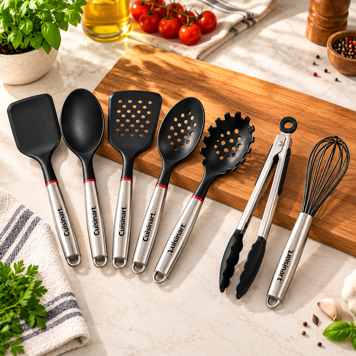 Cuisinart FusionPro 7-Piece Kitchen Utensil Set, Stainless Steel Handles & Nylon Heads, Cooking Tool Set with Spatulas, Serving Spoons, Pasta Server, 30.48 cm (12 in) Tongs & Whisk, Dishwasher Safe Kitchen Accessories for Home Cooking