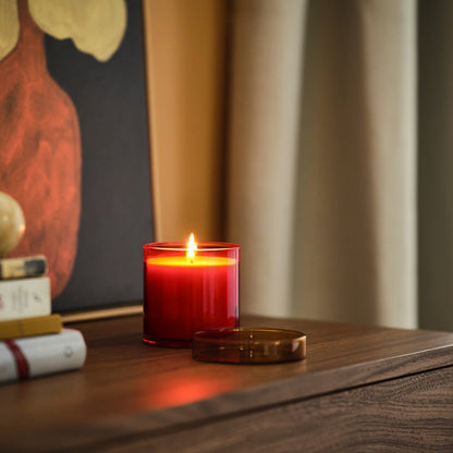 IKEA DVÄRGHÖK Scented candle in glass with lid, Citrus flower red-orange/yellow-brown, 50 hr