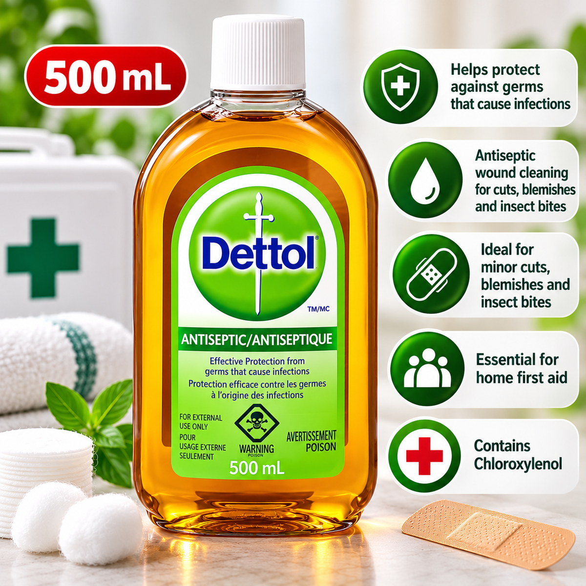 Dettol Antiseptic Disinfectant Liquid  500ML – Multipurpose Germ Protection & First Aid Wound Cleanser for Minor Cuts, Scrapes, Blemishes & Insect Bites, Chloroxylenol Formula